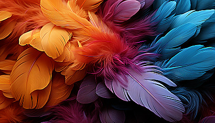 Macro photography of colorful feathers, revealing intricate details.