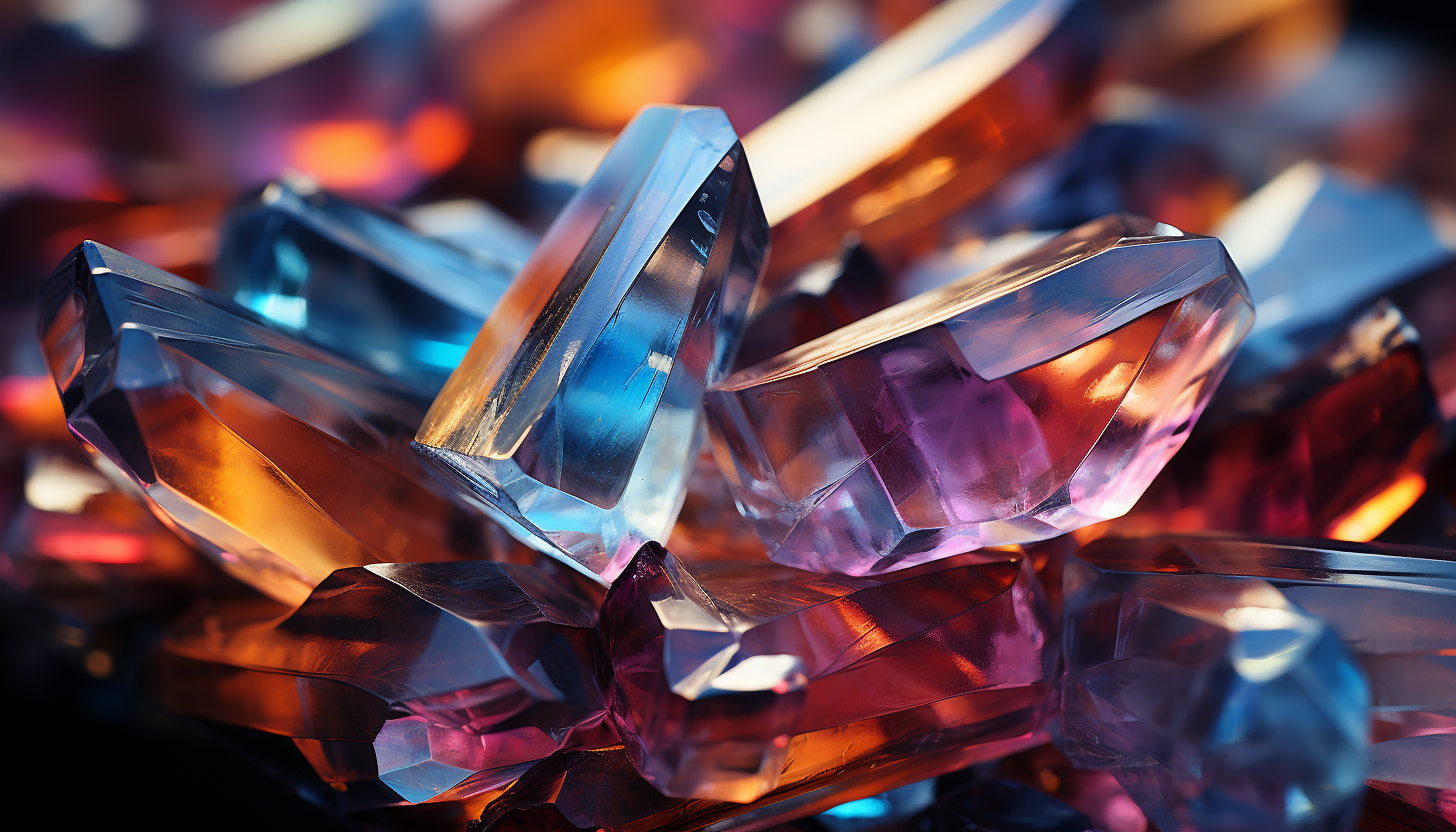 A close-up of a crystalline structure, reflecting a spectrum of colors.