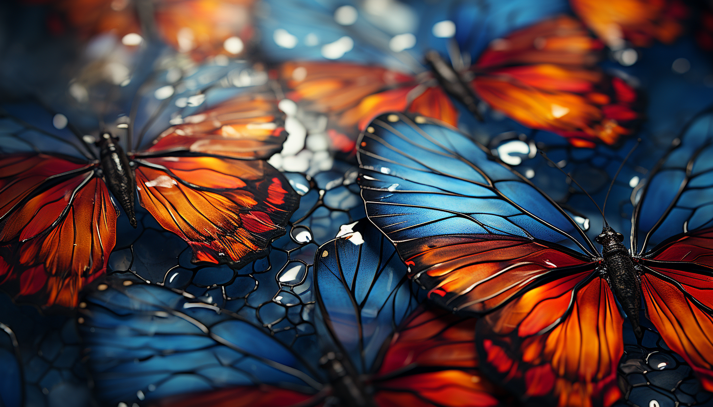 Macro view of butterfly wings, revealing intricate patterns and hues.