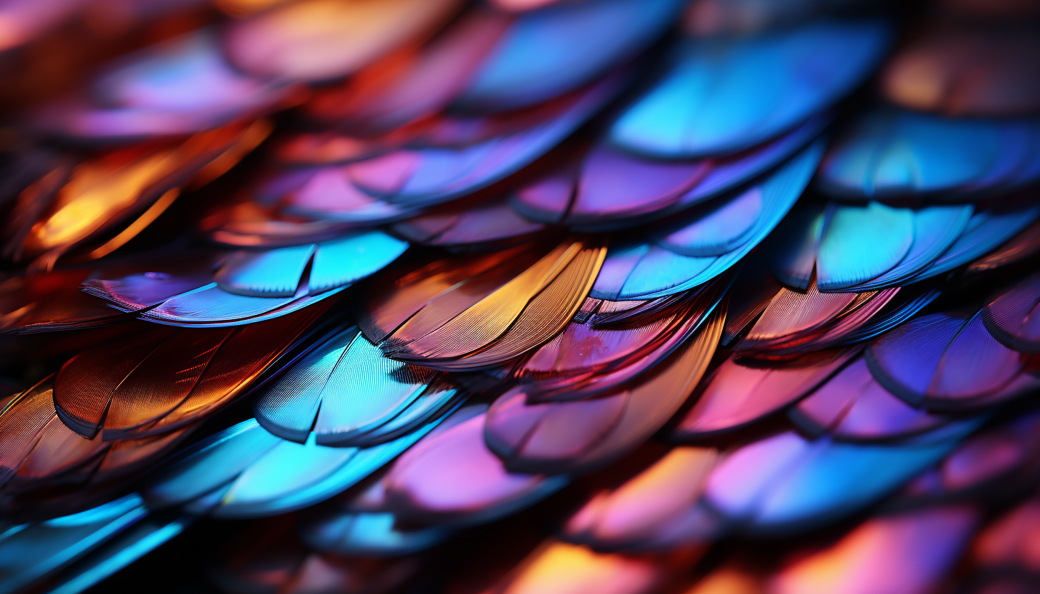 Macro shot of a butterfly wing, showcasing intricate scales and vivid colors.