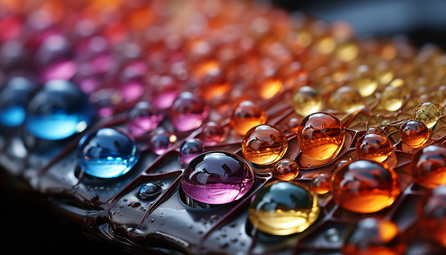 Macro shot of dewdrops on a spider web, refracting light into a rainbow spectrum.