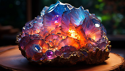 The iridescent interior of a geode, filled with sparkling crystals.