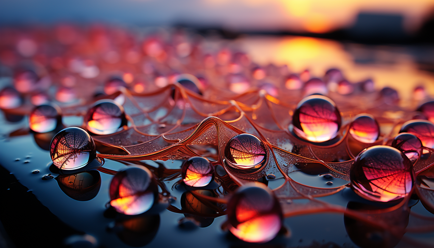 A close-up of dewdrops on a spiderweb, reflecting the colors of dawn.