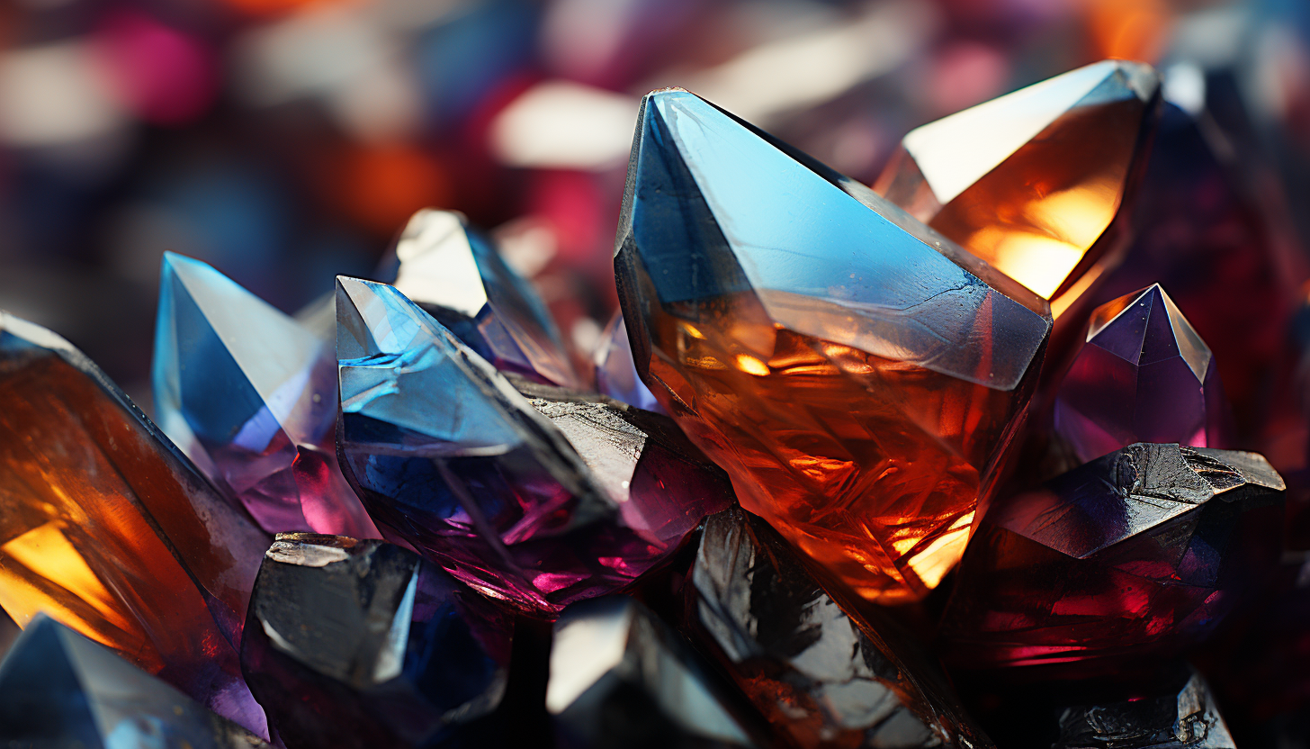 Macro view of a crystal, showcasing its intricate geometrical patterns and colors.