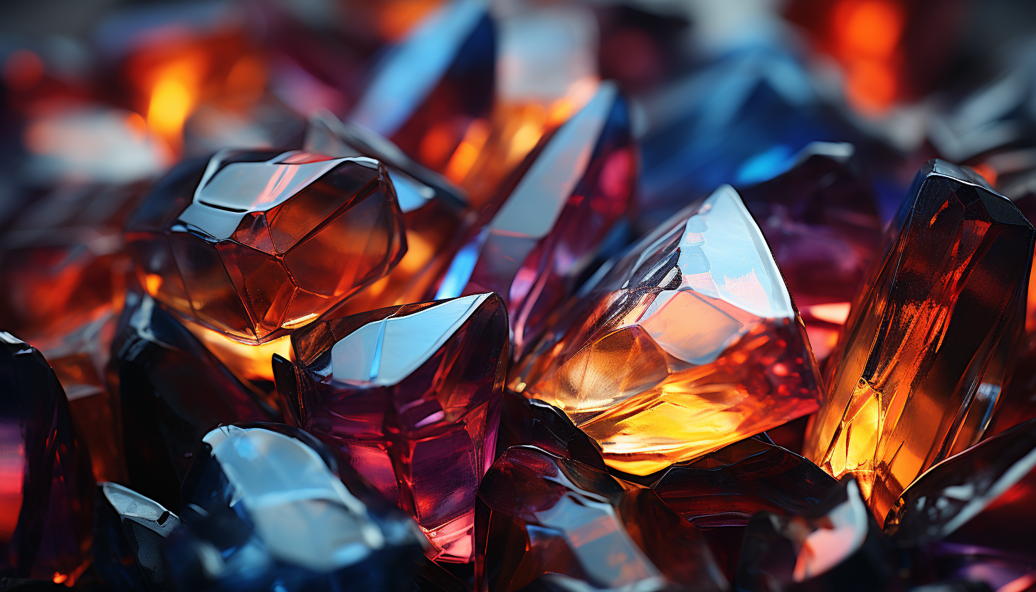 A close-up of a crystalline structure, reflecting a spectrum of colors.