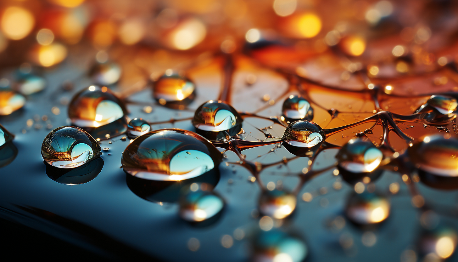 Extreme close-up of dewdrops on a spider's web, reflecting the colors of the morning.