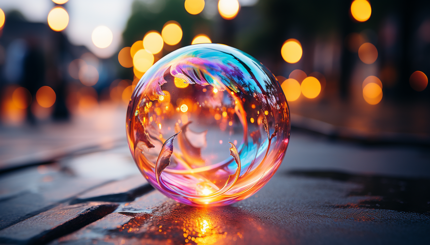 The iridescent colors inside a bubble, captured in a close-up shot.