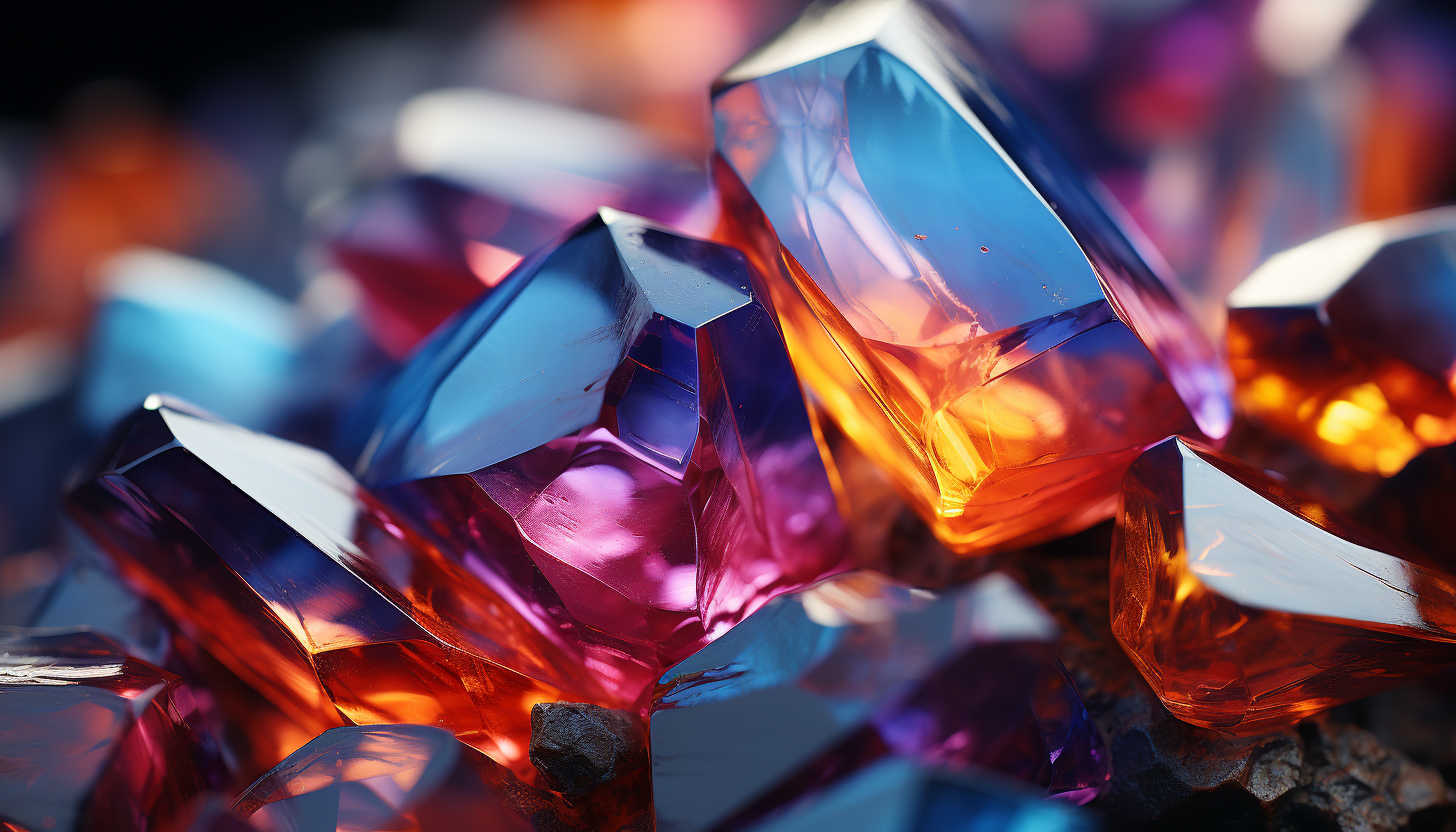 Macro image of a crystal, displaying its complex structure and rainbow reflections.