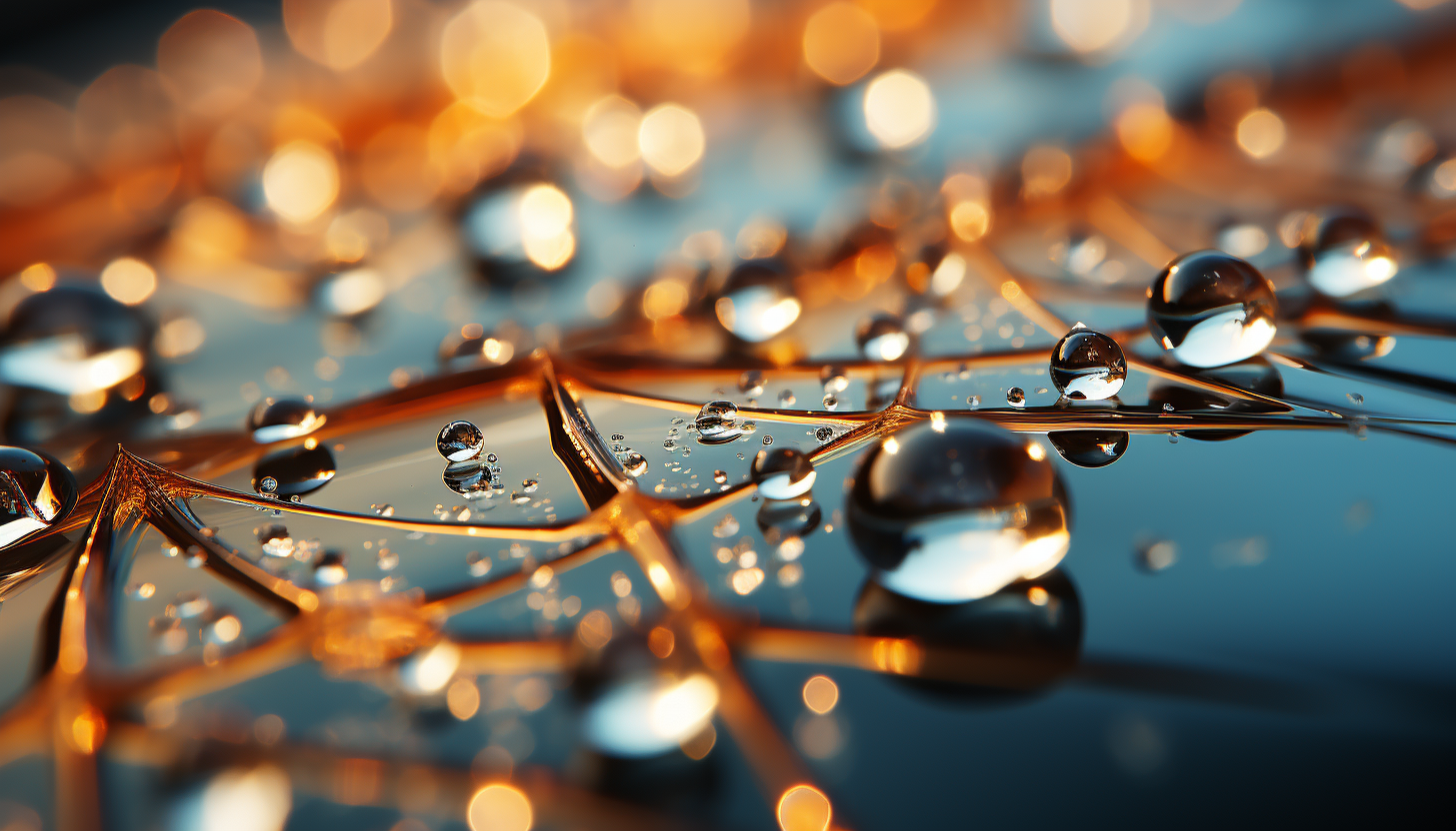 Extreme close-up of dewdrops on a spider's web, reflecting morning light.