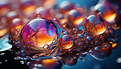 Macro image of iridescent soap bubbles, showcasing rainbow-like colors.