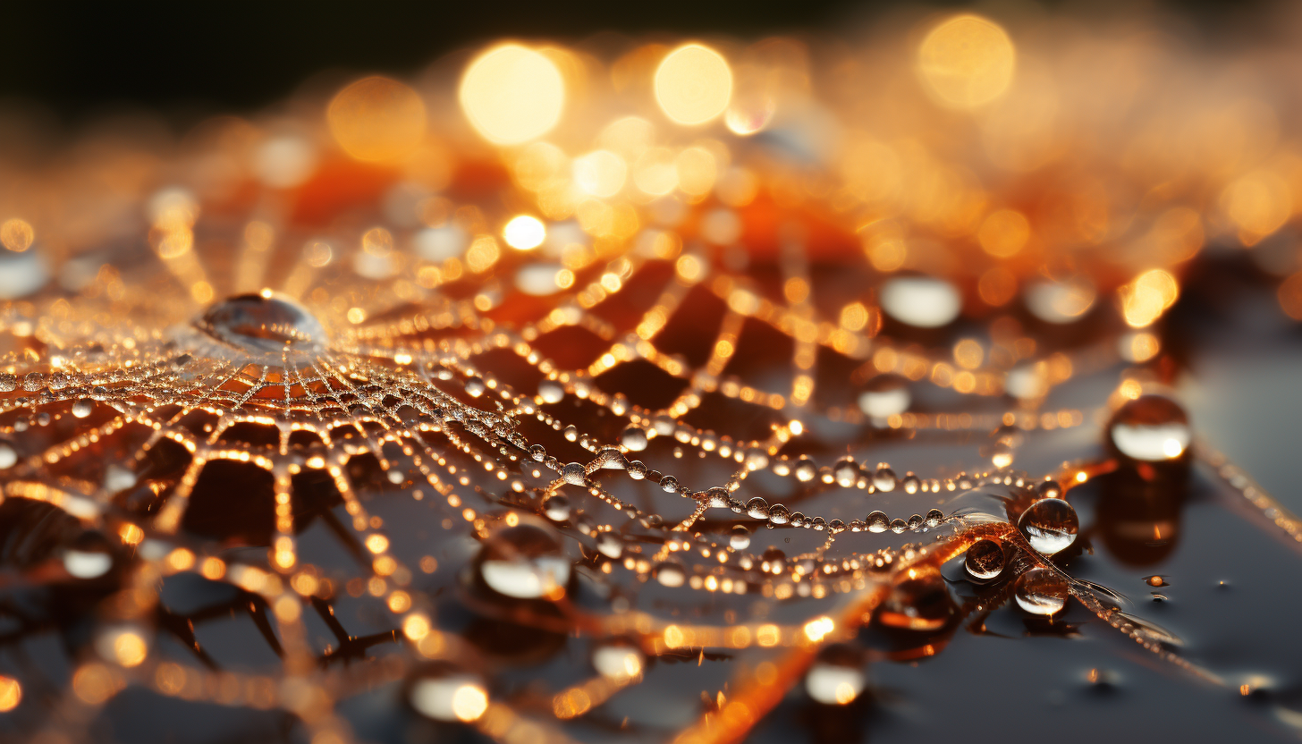 A close-up of a dew-kissed spiderweb sparkling in the morning light.