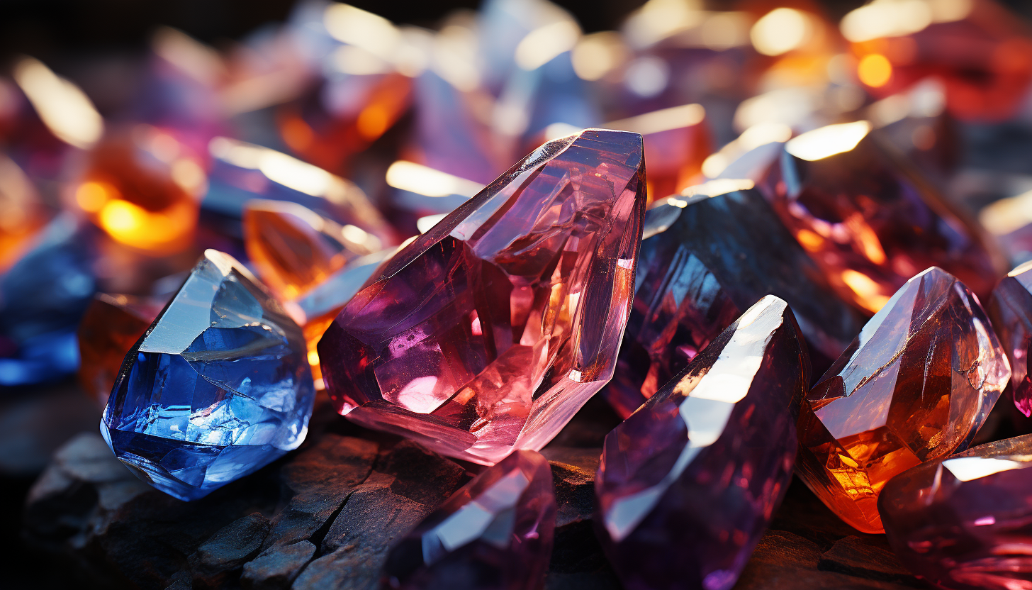 Macro shot of colorful minerals or crystals, reflecting light in dazzling ways.