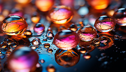 Macro view of iridescent bubbles reflecting light and creating a kaleidoscope effect.