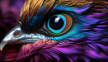 Extreme close-up of a peacock feather, displaying its iridescent colors.