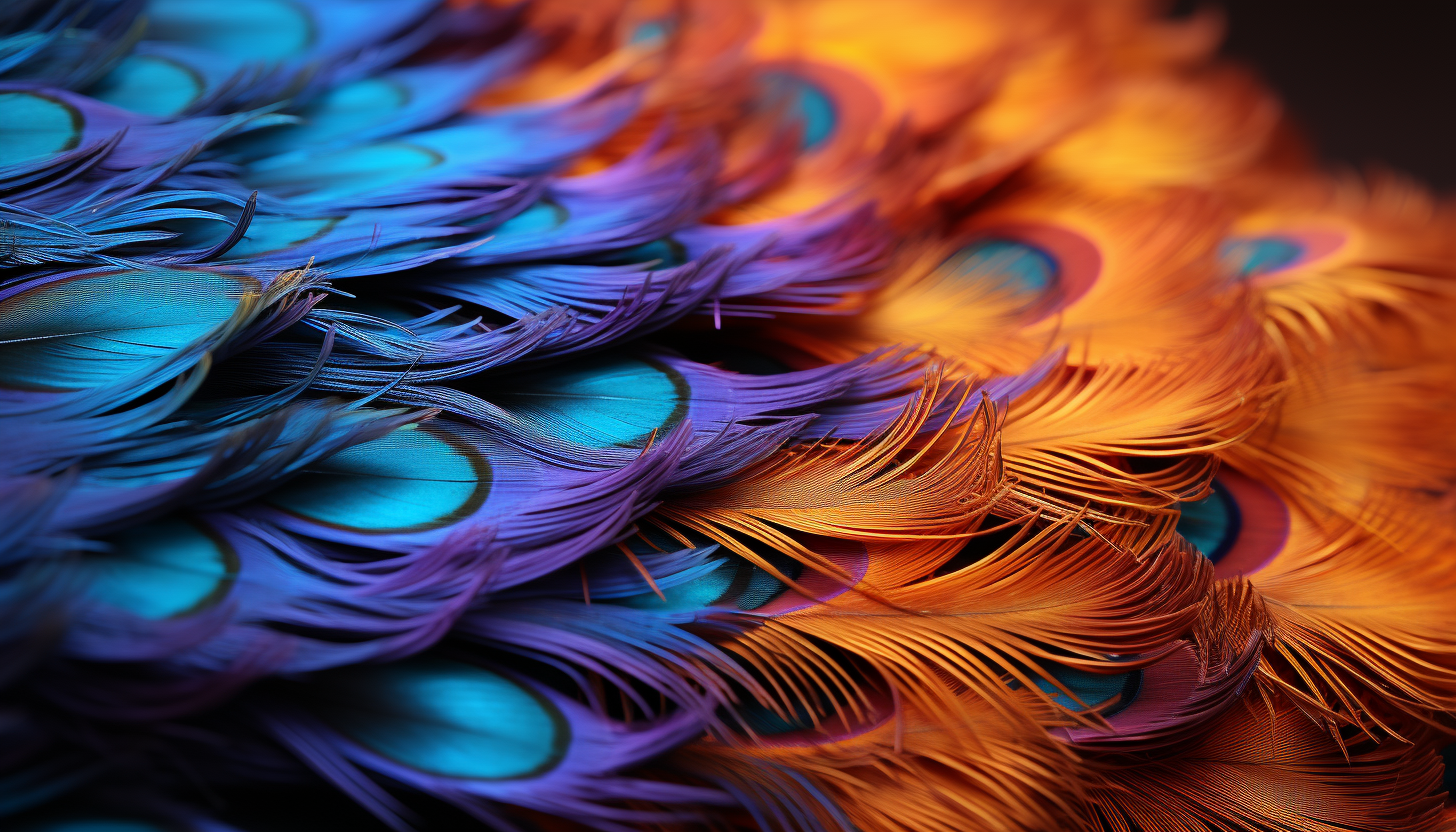 Close-up of a peacock feather, displaying its iridescent colors and complex design.