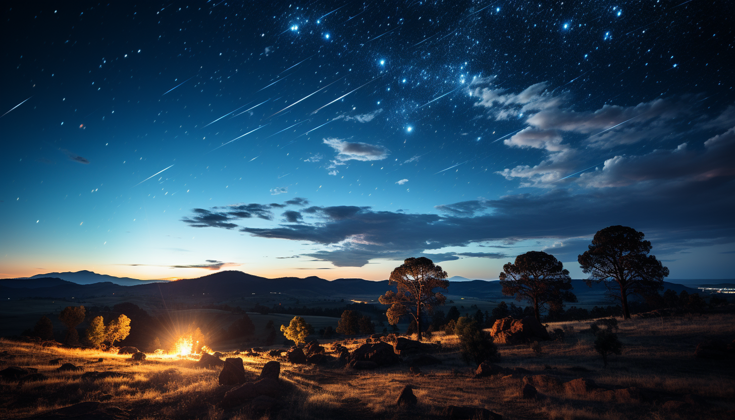 A meteor shower streaking across the night sky.