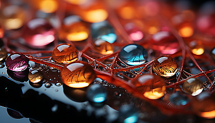 Extreme close-up of dewdrops on a spider's web, reflecting the colors of the morning.