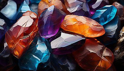 Close-up of crystallized minerals forming abstract, colorful patterns.