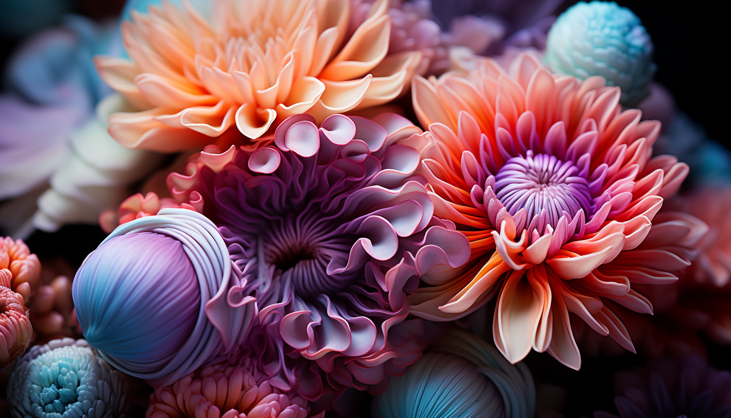 Up-close view of colorful coral or sea anemones, emphasizing texture and form.