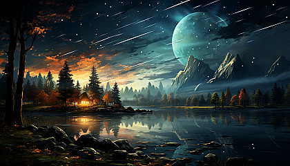 A meteor shower streaking across the night sky over a tranquil landscape.