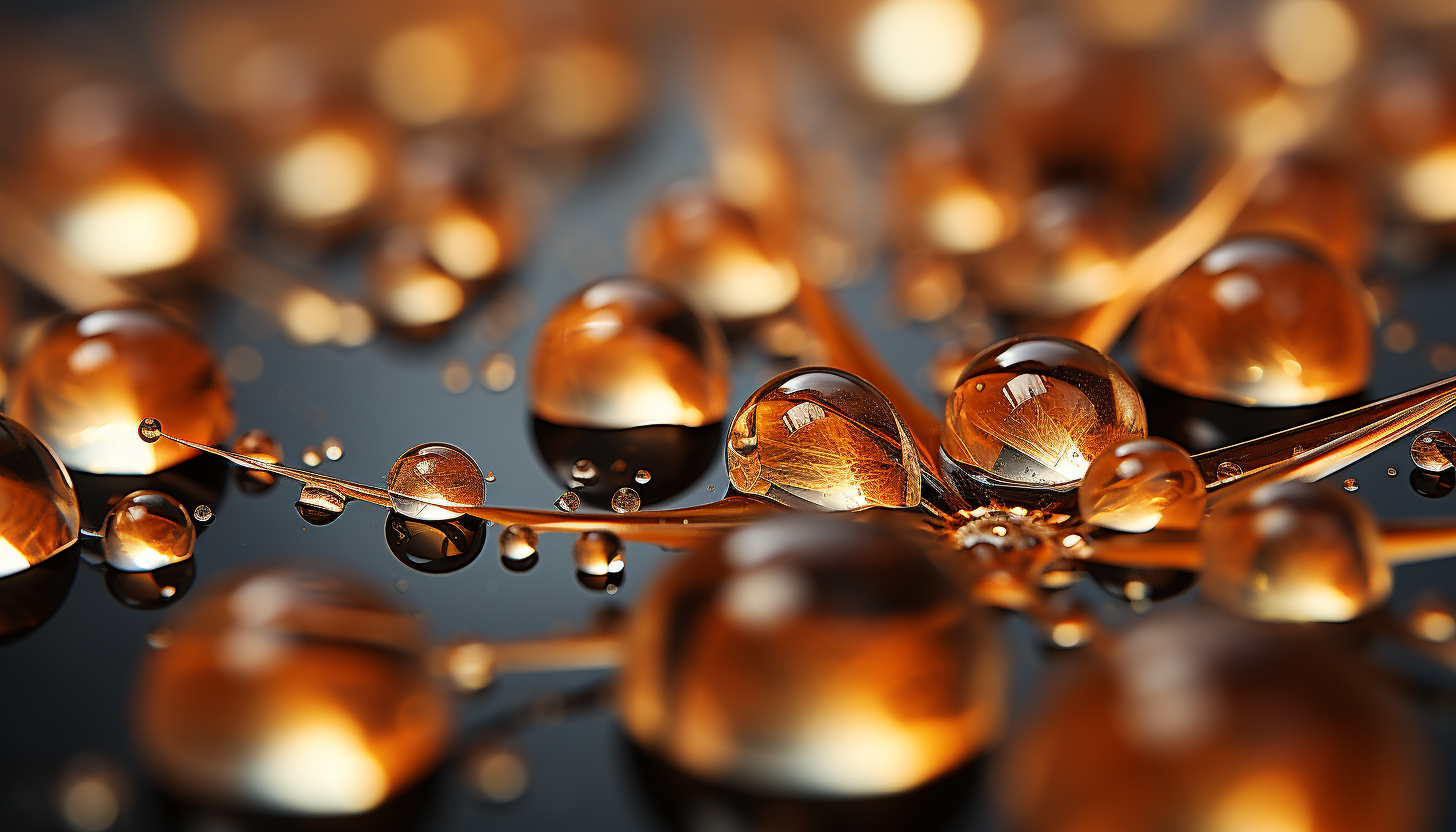 Extreme close-up of dewdrops on a spider's web, refracting sunlight.