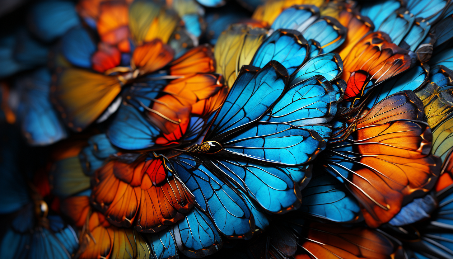 Extreme close-up of a butterfly's wing, revealing intricate patterns and colors.