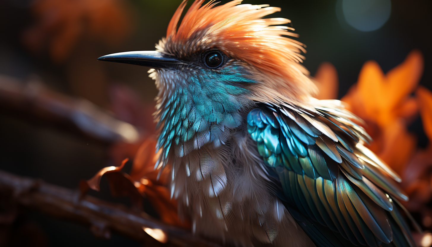 A close-up of a hummingbird's iridescent feathers, shimmering in the sunlight.