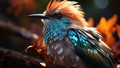 A close-up of a hummingbird's iridescent feathers, shimmering in the sunlight.