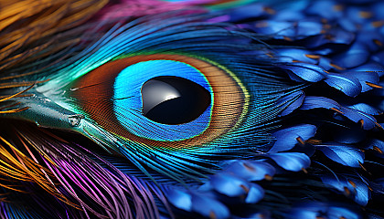 A vibrant peacock feather's intricate patterns and hues.
