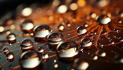 Macro shot of dewdrops on a spider's web, reflecting morning sunlight.