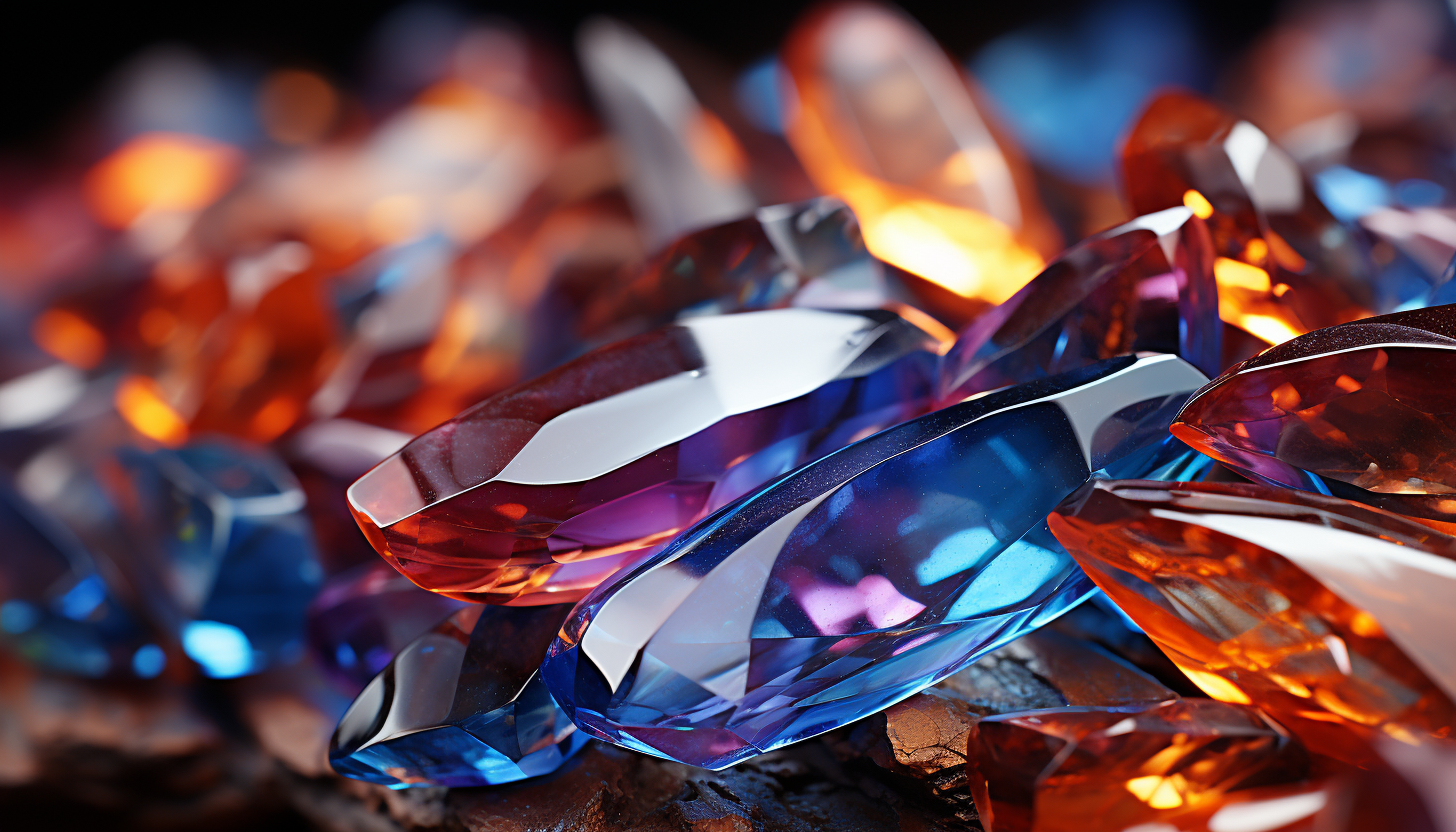 Macro imagery of a crystal with its complex structure and colorful refractions.