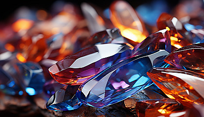 Macro imagery of a crystal with its complex structure and colorful refractions.