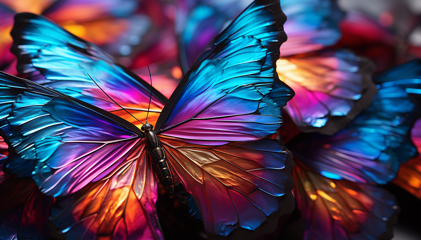 Close-up of iridescent butterfly wings displaying a spectrum of colors.