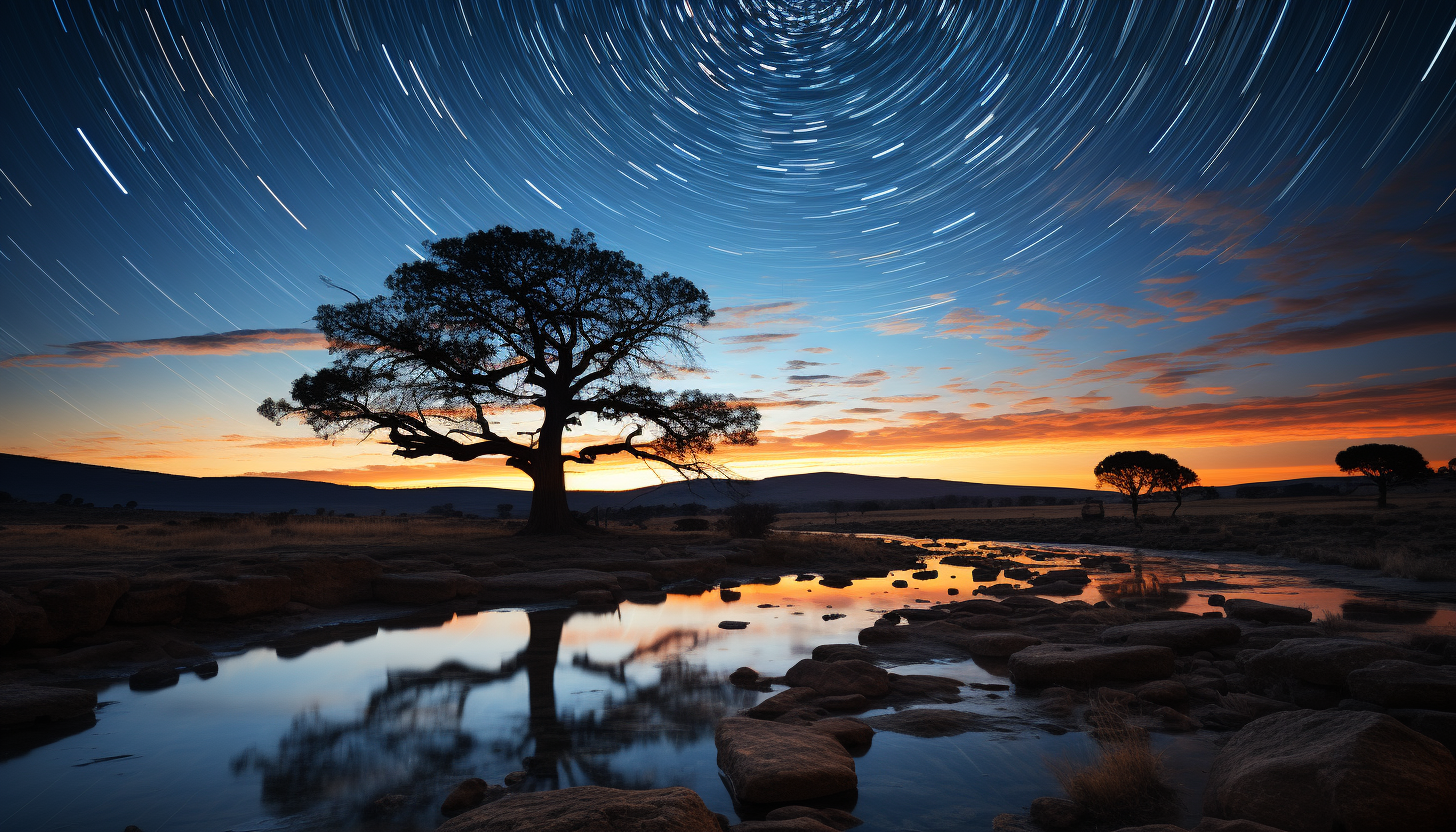 Star trails circling around the North Star over a dark landscape.