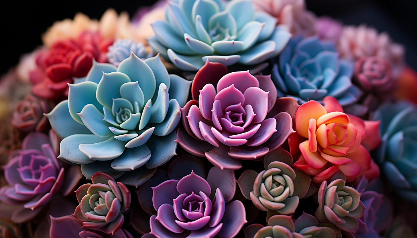 A macro shot of colorful succulents, showcasing their unique patterns and textures.