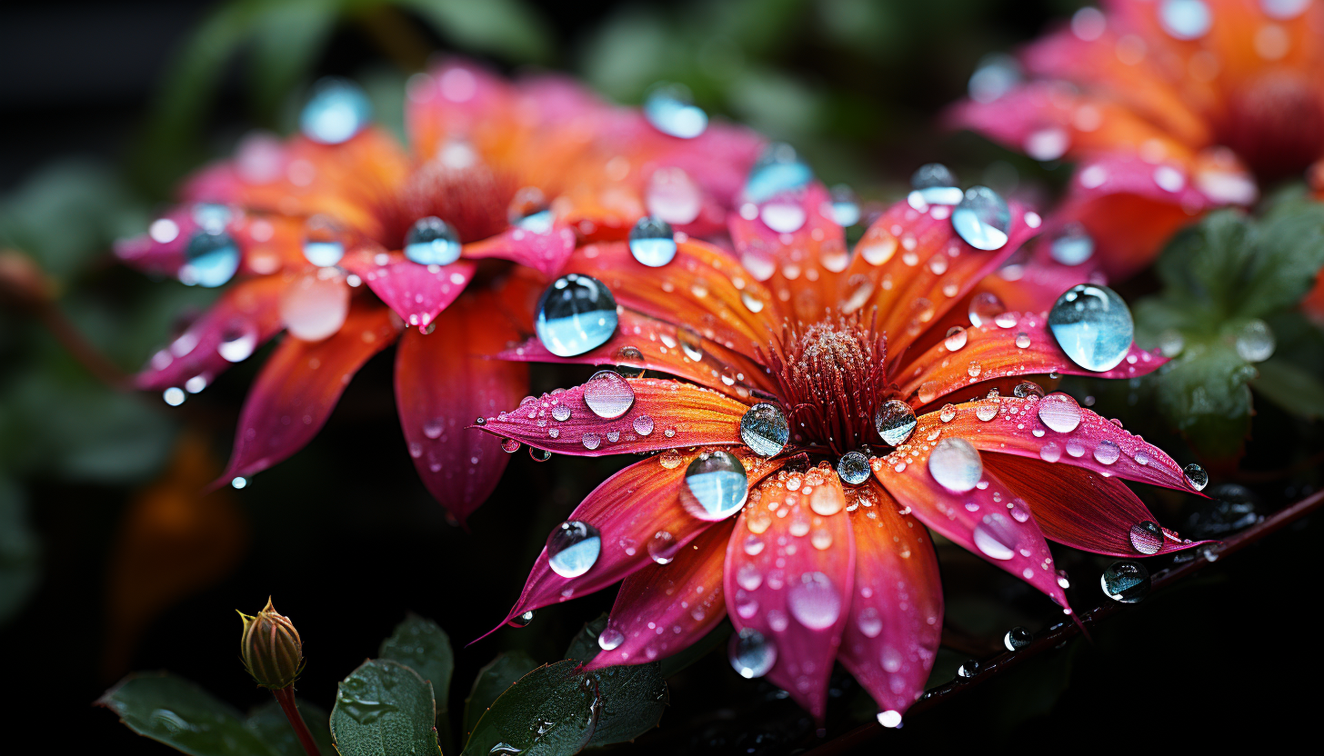 A close-up of dew drops on a spider's web, reflecting the colors of a garden.