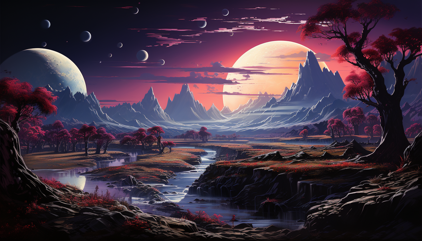 The surface of a distant planet, portrayed with imagined vivid colors and landscapes.