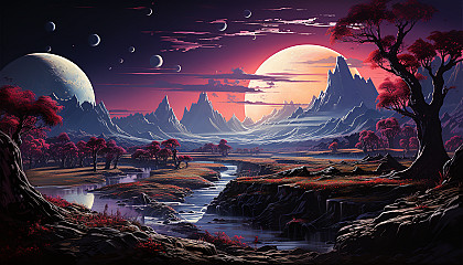 The surface of a distant planet, portrayed with imagined vivid colors and landscapes.