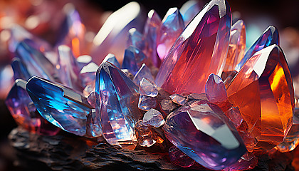 A close-up of a crystalline structure, reflecting a spectrum of colors.