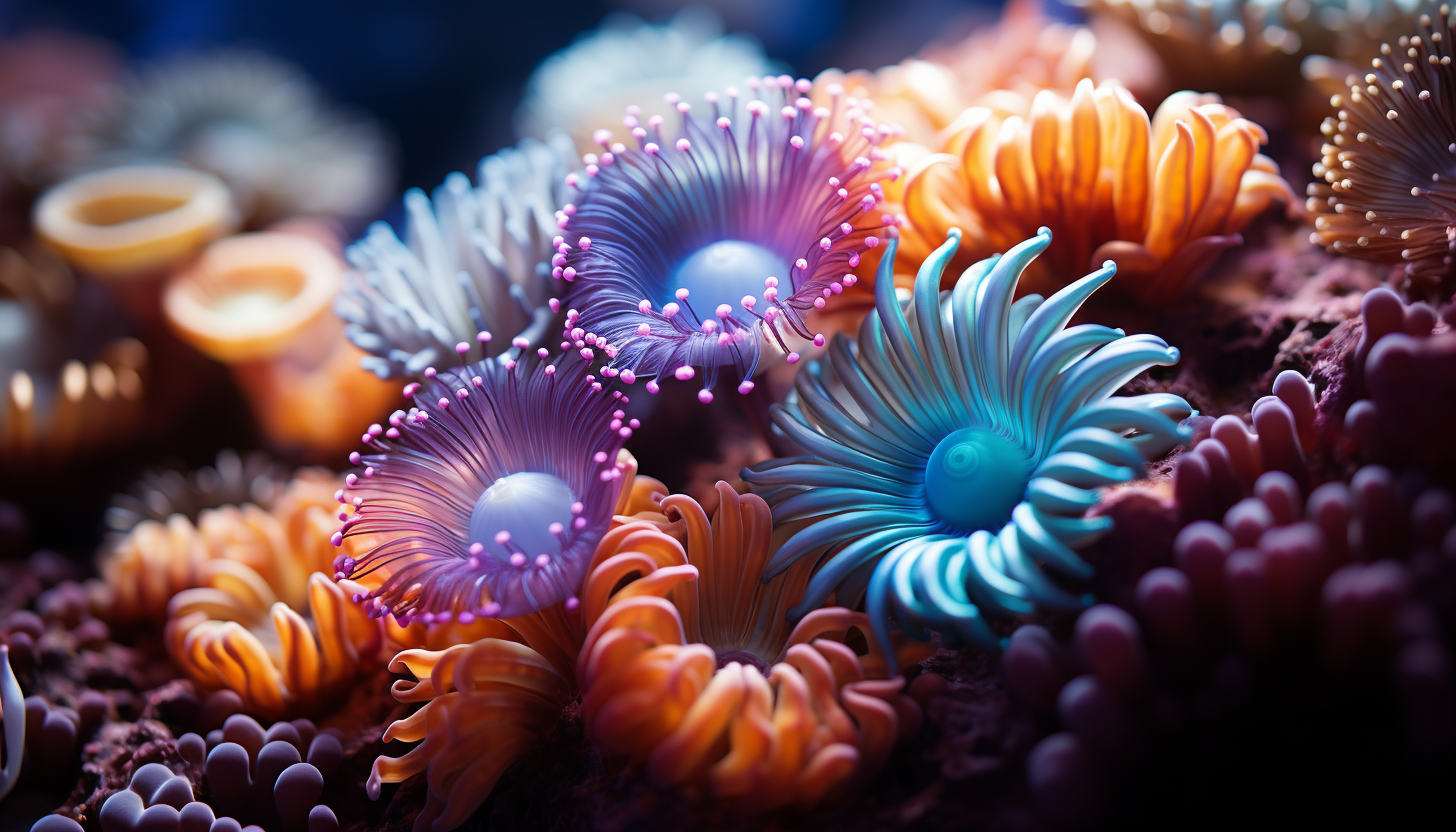 Close-up of colorful coral polyps thriving in a reef.