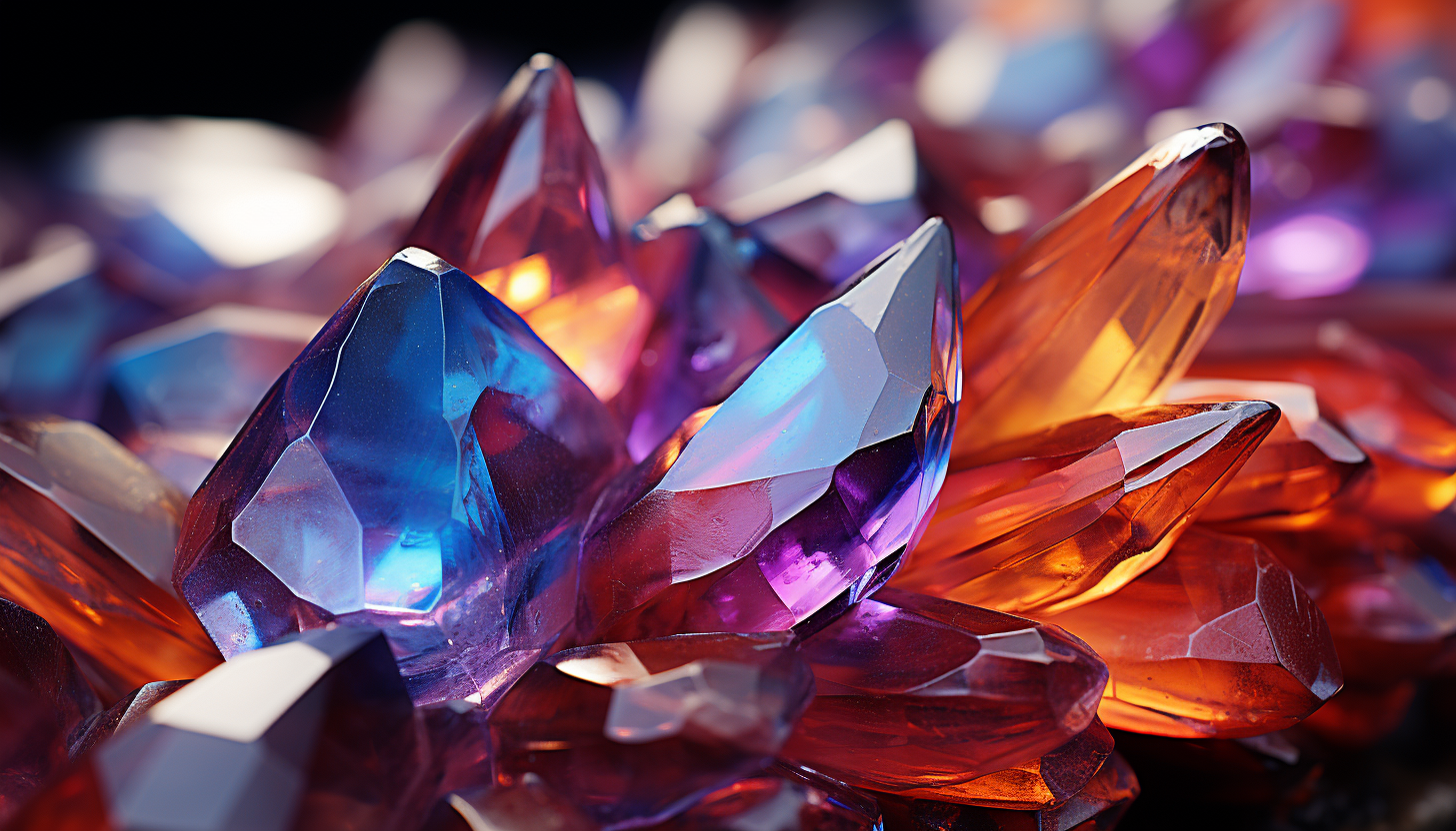 Macro imagery of a crystal with its complex structure and colorful refractions.