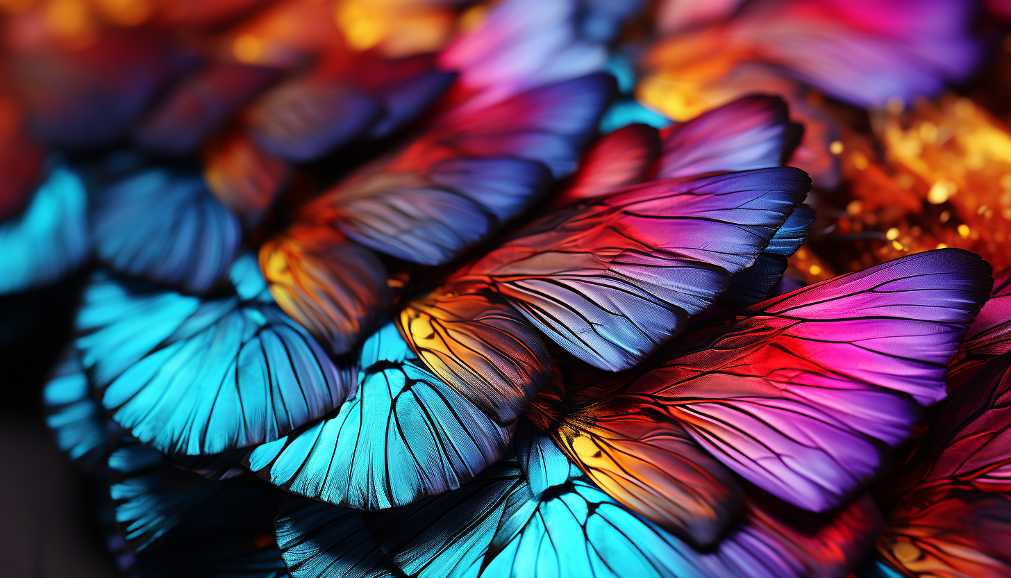 Macro view of butterfly wings displaying intricate patterns and vivid hues.