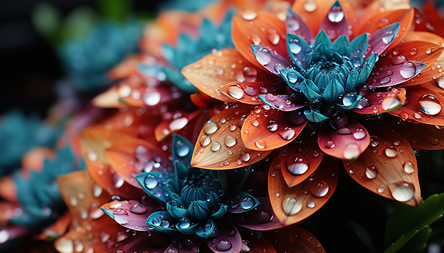 Extreme close-up of dewdrops on a colorful flower petal.