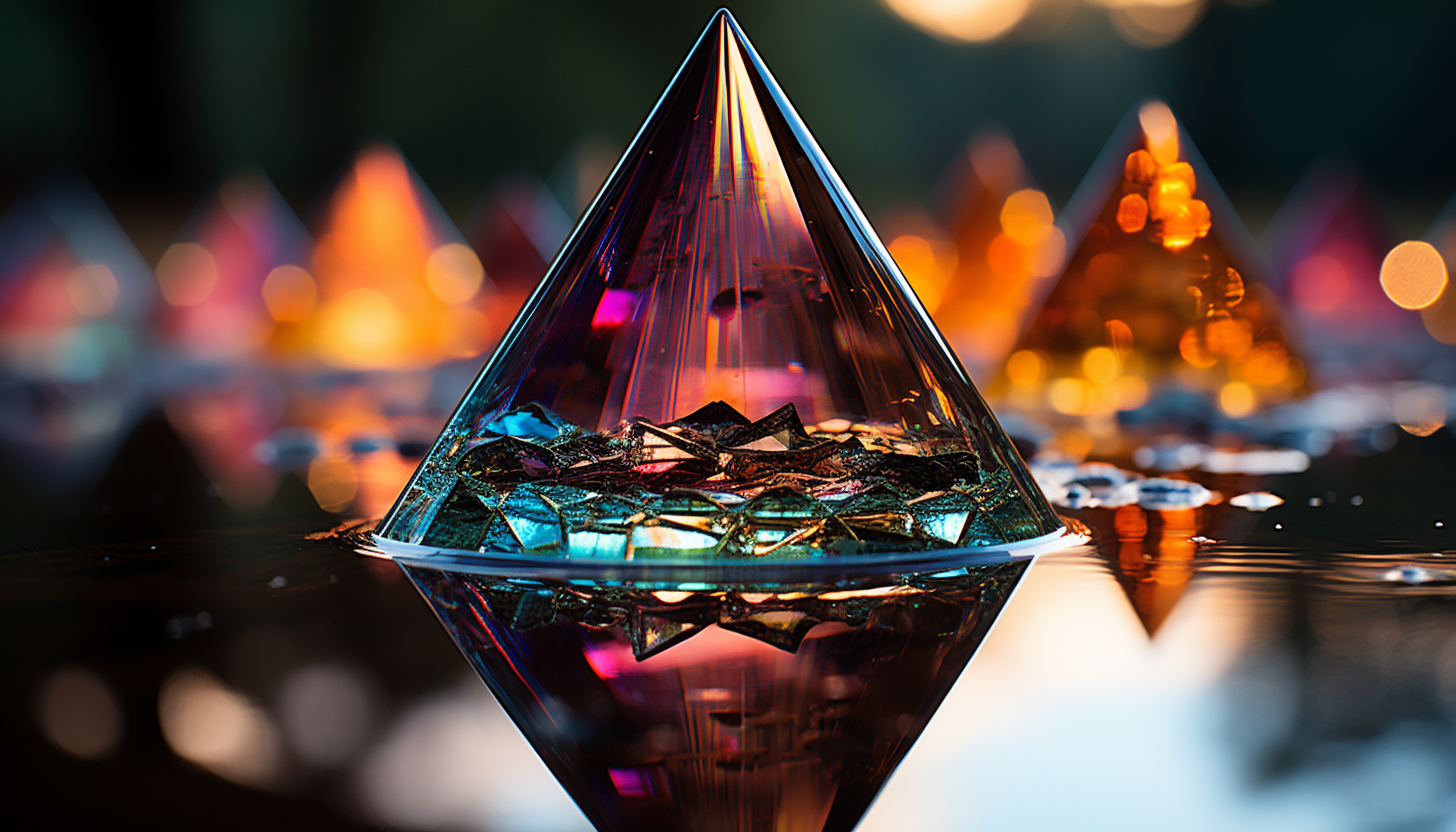 Macro image of a rainbow prism effect in a water droplet.