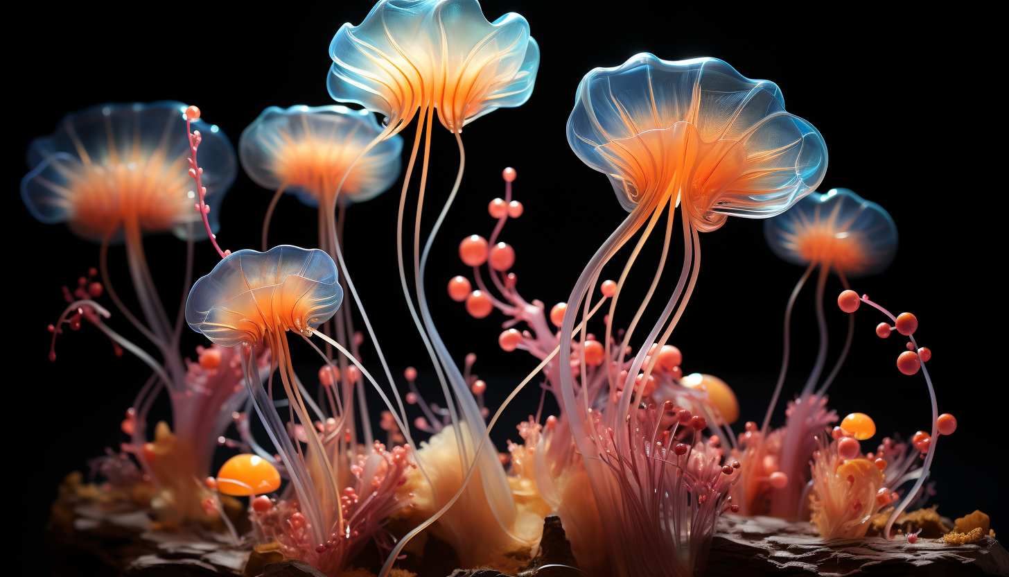 Glowing bioluminescent organisms in a dark ocean.