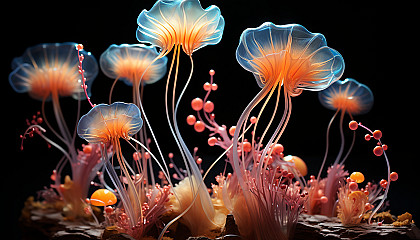 Glowing bioluminescent organisms in a dark ocean.