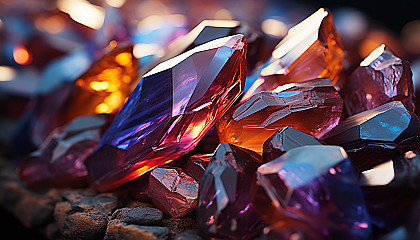 Macro shot of colorful minerals or crystals, reflecting light in dazzling ways.