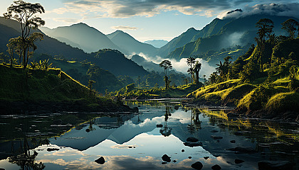 9. A rainbow arcing over a lush, verdant landscape after a rain.