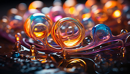 A close-up of the colorful surface of a soap bubble, reflecting light.