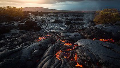 Volcanic landscapes featuring fiery lava flows and unique geological formations.